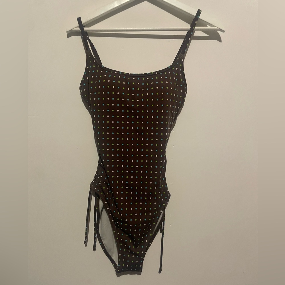 Brown colorful polka dot one piece swimsuit size large‎